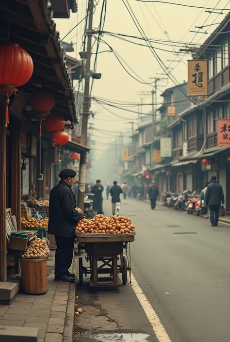 there is a man standing on the side of the street with a cart, selling his wares, street vendors, very very low quality picture, at a city street, people on the streets, in city street, real photograph on the street, very low quality, on a street, by Kanbu...