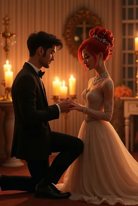 Create me a picture in 3D and photorealistic create a couple for me,So man dark hair dressed elegantly and woman with red hair and an updo and an elegant long dress the man kneels in front of the woman and holds her hand and puts a ring on her hand in the ...