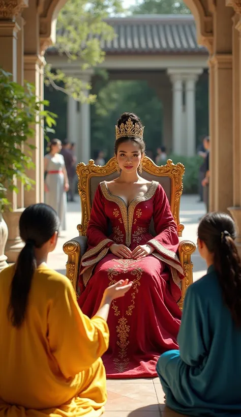 Hyper Real Stick image. In a picturesque royal courtyard, a beautiful queen sits on a golden throne. She is dressed in a stunning deep red royal gown adorned with intricate designs, and a dazzling crown rests upon her head. Her face radiates regal beauty a...