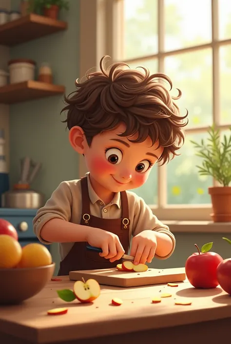 a cute boy cutting an apple