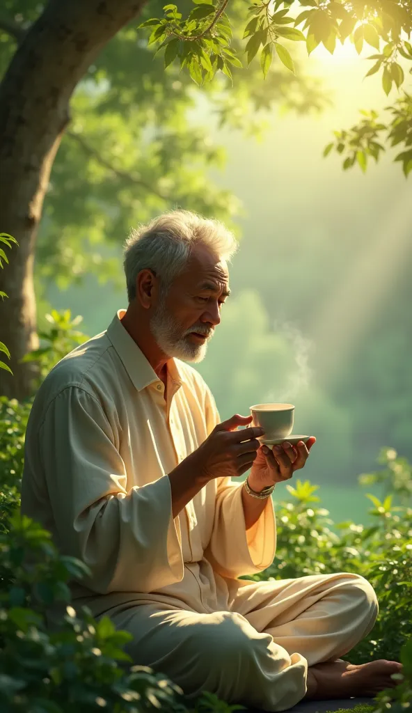 A middle-aged man, dressed in simple but elegant clothes, peacefully drinking tea in a serene garden, sunlight filtering through the leaves, calm expression, detailed, realistic