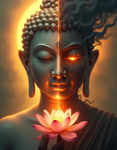 A mystical portrait of Buddha, half of his face serene and enlightened, embodying deep meditation with closed eyes and a gentle expression. His skin glows softly, radiating peace and wisdom. The other half of his face transforms into the dark side of human...