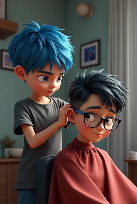 Boy with blue hair cuts fat boy in glasses for low taper fade hairstyle. Let the image be in a realistic style 