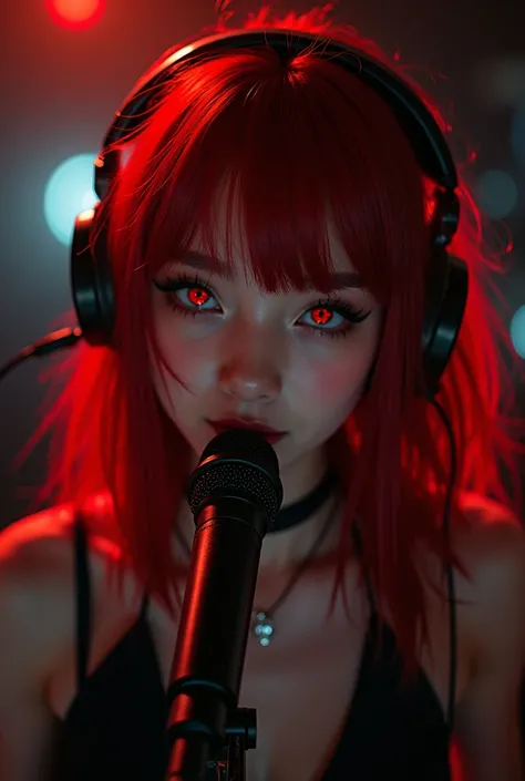 Red-haired girl with red eyes The girl wears headphones and sings into the microphone