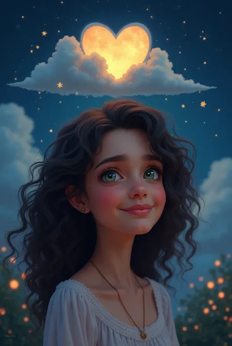 Graphic design. Asmaa looks at her with curly dark brown hair and green eyes. Asmaa smiles and there is a heart-shaped cloud in the sky containing the moon with stars around them at night 