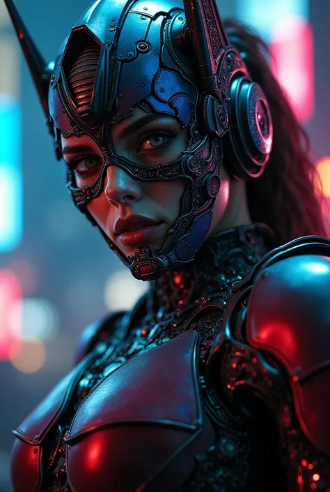 Female Optimus Prime, highly detailed portrait, cyberpunk, sci-fi, dramatic lighting, epic, 8k, hyper realistic, photorealistic, masterpiece, extremely detailed face and eyes, beautiful intricate metallic details, dramatic pose, moody atmosphere, neon city...