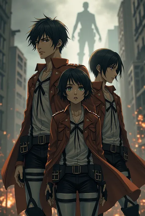  an image featuring Levi Ackerman, Mikasa Ackerman and Eren Yaeger from Attack on Titan