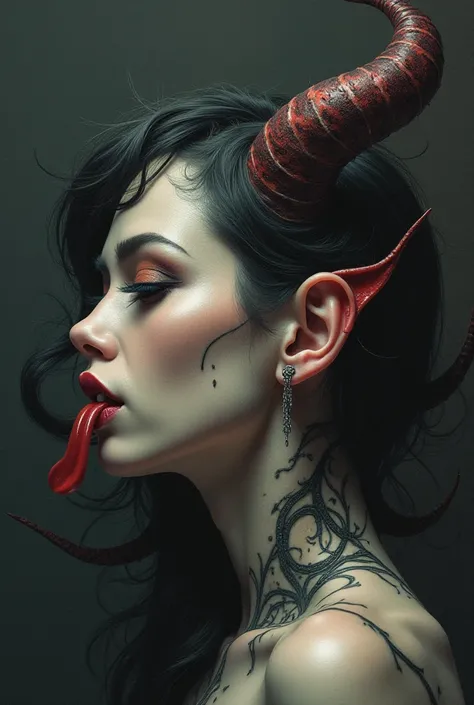 Make a realistic drawing of a demon succubus in profile licking the back of an ear designed for a tattoo