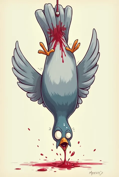 Create me the image of a bloodless pigeon upside down bleeding in cartoon style 