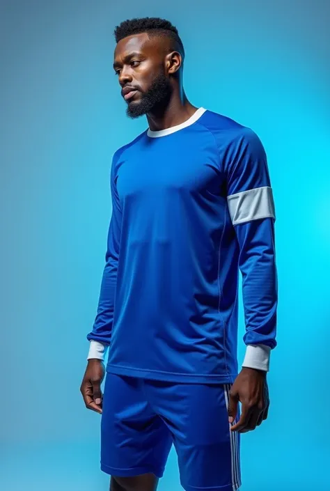 A blue football shirt model with a white line on the right sleeve without a white line on the north sleeve and the fitness