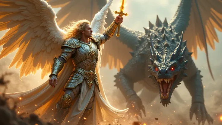 A hyper-realistic, cinematic depiction of Saint Michael the Archangel in an intense battle against a massive, fearsome dragon. San Miguel has long, flowing golden-blonde hair, and his piercing blue eyes radiate divine power and determination. His beautiful...