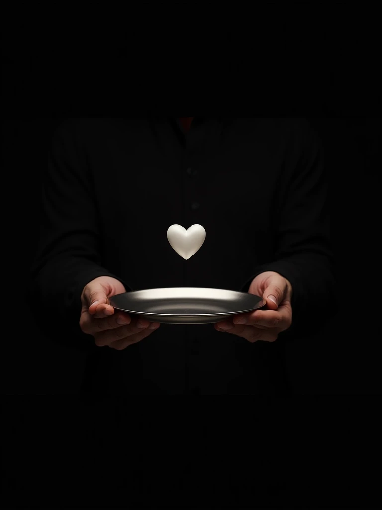 image of a man's hands on a black background, holding a silver platter with a heart