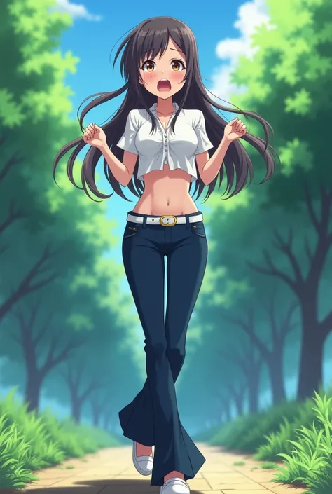  A sexy anime girl who wears a short white shirt with dark blue flared pants and a white belt, and shoes, She is standing screaming desperately with her eyes open and her hands on a hundred and her legs together and crossed in a park