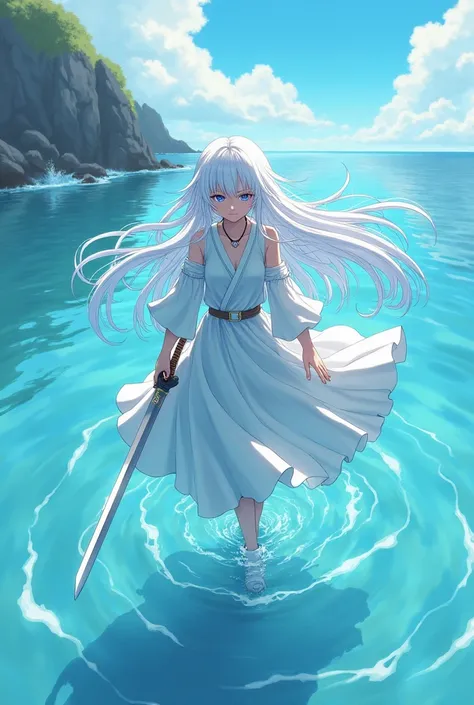 a close up of a person walking on water with a sword,  anime cartoon inspired by Taiyō Matsumoto ,  trend on Pixiv ,  conceptual art, perfect  white hair girl,  white hair deity,  white hair, Anime girl walking on water ,  cyborg - girl with silver hair , ...