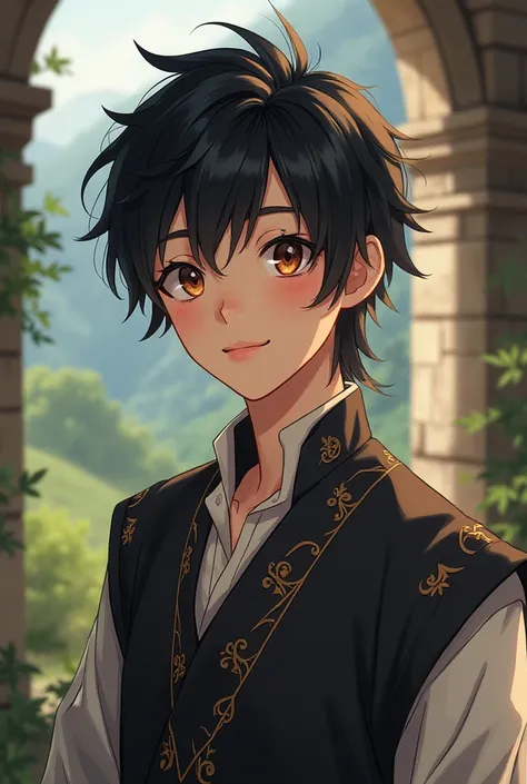 Medieval guy with black hair smiling anime 