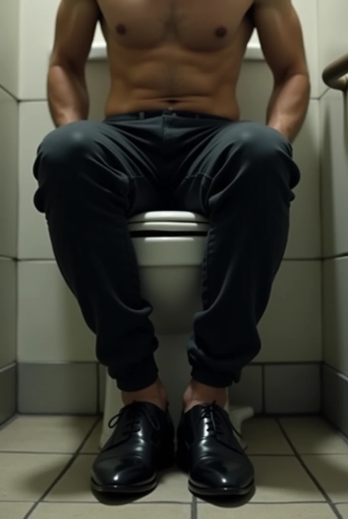 Person sitting on toilet pooping black pants down black shoes with pointy toes 