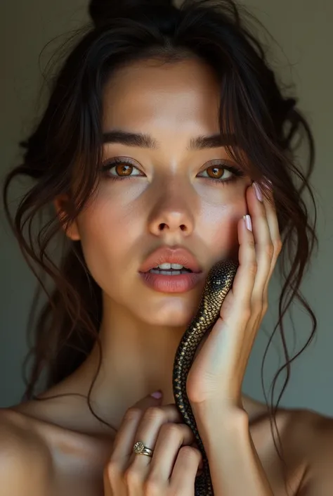 a very pretty brunette girl with honey-colored eyes and a loose mane and with a sensual face in the foreground with one hand on her face without Asian features, And with a provocative face holding a snake 