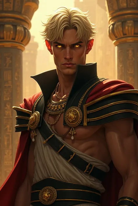 Son of the Pharaoh; Half-elf with short hair, blond; eyes – yellow; good build, he is envious and looks very angry.