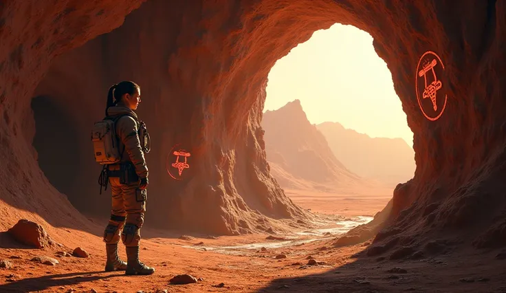 Dr. Sarah Chen discovering the entrance to an ancient Martian cave, the opening surrounded by strange symbols carved into the stone, glowing faintly in the dim light.