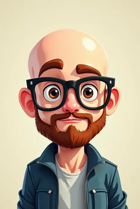 26 year old man, bald,  with a slightly red beard, thin, dark brown eye,with glasses, white skin and gamer .  cartoon style image 