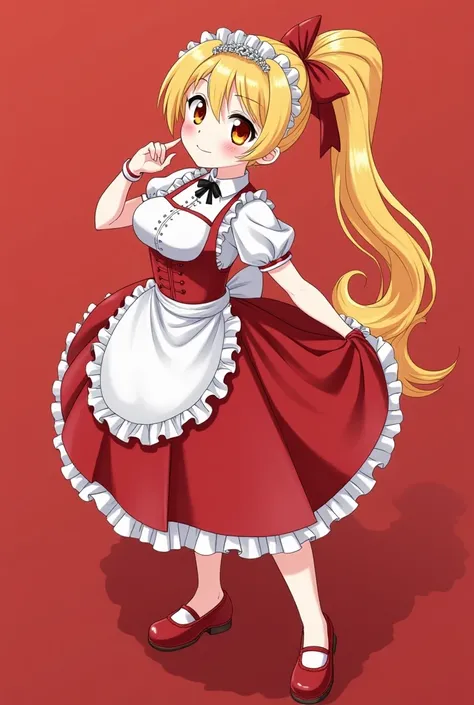 A waitress in a restaurant in the style of anime has a big breast, long hair and red color. She wears elegant red and white maid clothes, her cheek is bright red, her skin is white, her mouth is slightly open. She has a funny smile. Her hairstyle is like a...