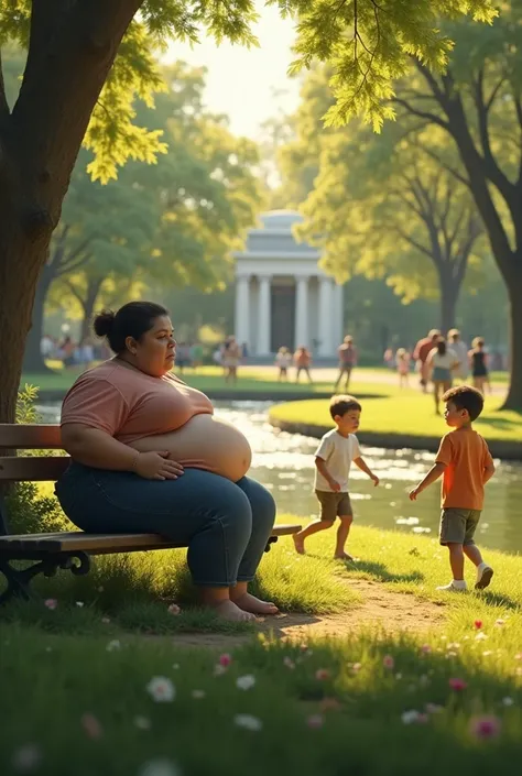 Give me an image where the setting is a sunny park, And have a bank, On this bench there is a woman sitting overweight sad watching her son play