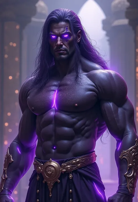 "A powerful, mystical character created by a goddess to be her lover and supreme general. Standing at 2.2 meters tall, he possesses a massively muscular, beautifully sculpted body with dark, violet-black skin that shimmers with an almost metallic glow. His...