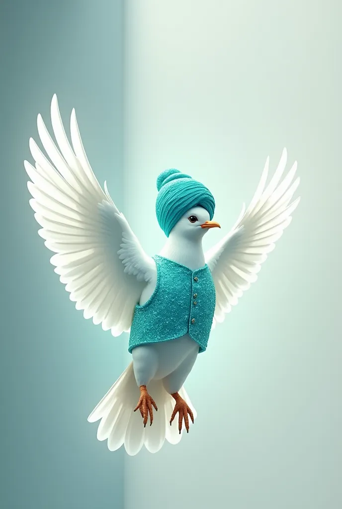 a white dove, open wings, wearing a turquoise vest,  Cintilante. A turquoise Gandhi cap on the head. Emanating a lot of light around her.  background with white wall .