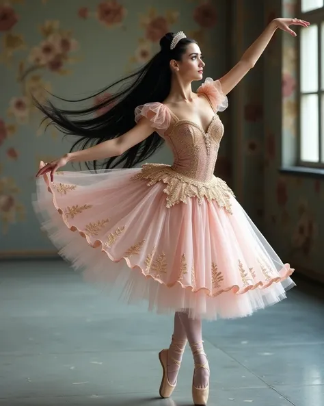 High Resolution, Cinematic, Photorealistic, Portrait Photography of a short (5’3”) and petite 19-year-old female spanish ballet dancer with very richly white pale porcelain skin and sky blue eyes. She wears a ballet tutu in a soft blush pink, reminiscent o...