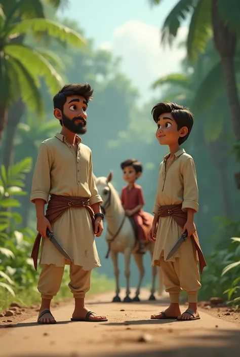 A 3D animated scene where two guys aged 35-40 wearing torn shalwar kameez are standing on a road in jungle holding knives  in front of a  white horse on which one girl aged 10-12  and one boy aged 10-12 are sitting wearing shalwar kameez.