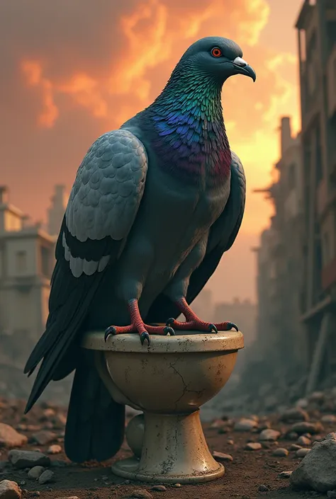 Generate a massive muscular pigeon on the toilet at the end of the world
