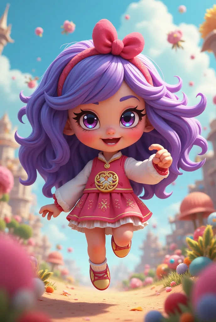 A character named Baibie doll , with long curly hair and slanted eyes,  aimed at ren , With a cheerful fun theme. You will take part in various adventures with your friends