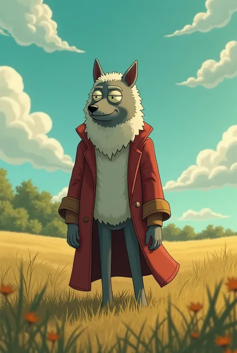 I want a film cover in the Rick and Morty animation style, It will be about the fable "The wolf in sheep's clothing" That the wolf looks evil and wears sheep's clothing and that he is in an open field 