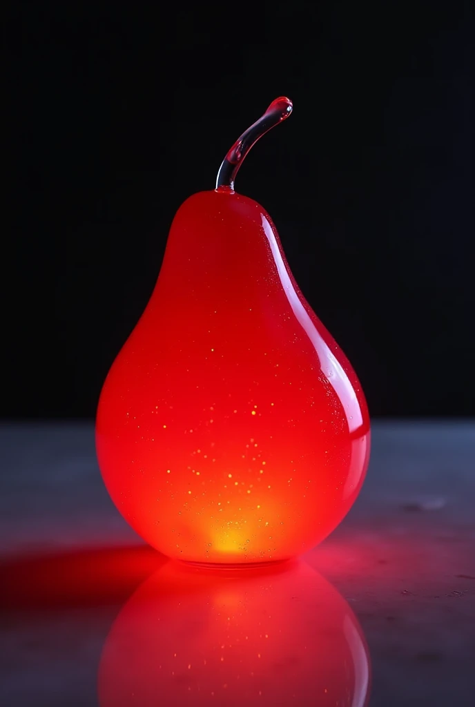  a red Glass pear  on a table, 8k,   food photography style  , Glass pear  ,  bioluminescent ,Color, glow, fluid, glowing,   appetizing  ,  professional,   culinary  ,    high resolution ,   commercial  ,  very detailed, NEON HUE , full of Color,   backgro...