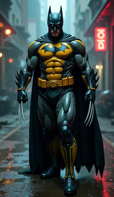 The fusion of Batman and Wolverine into a single character. This new being retains the muscularity of Wolverine but with even more exaggerated strength. The character’s suit is a hybrid of Batman’s tactical armor and Wolverine’s ferocity, incorporating mor...