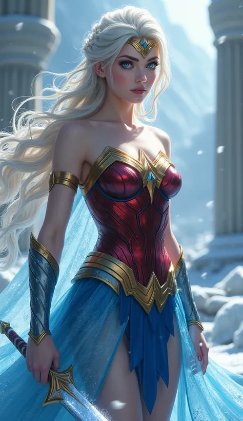 *“A hyper-realistic fusion character combining elements of Elsa and Wonder Woman, standing in a full-body pose with intricate details. She has a strikingly regal yet powerful face with icy blue eyes that glow with intensity, smooth porcelain skin, and flow...