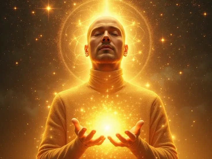 A radiant figure with closed eyes, emanating an intense golden light from his hands and mind. The universe in the background shines with stars and constellations connecting, forming symbols of manifestation and abundance. A path of golden light opens up ah...