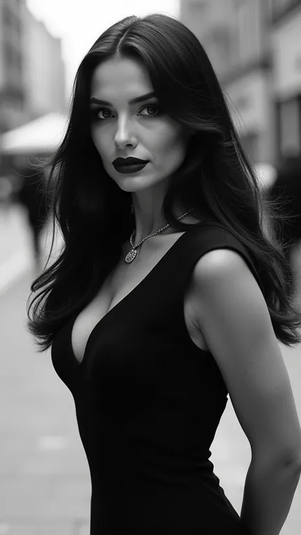  photorealism , full figure, digital masterpiece , beautiful sophisticated woman in the style of the 50s ,  long straight black hair , black eyes ,  full lips,  narrow waist ,  against the background of the street ,  black and white photo,  fashion photogr...