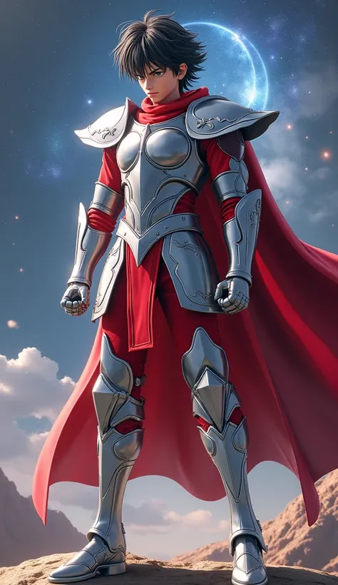 Create an ultra-realistic 8K image of Seiya, the Pegasus Knight, from the series "Saint Seiya," featuring the character in full body and without a cape. He should be wearing his silver Pegasus armor, with shiny metallic details and realistic reflections ca...