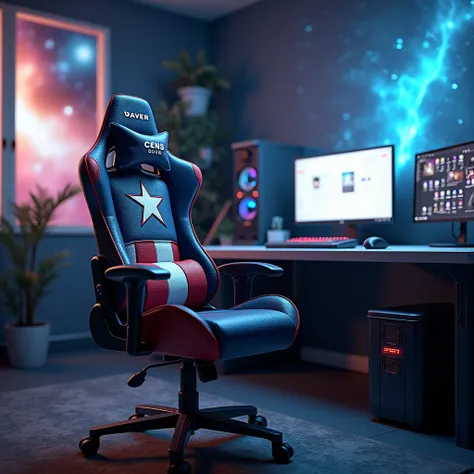 Create a realistic image. A real gaming chair with Captain America's costume Blue,red and white color design, in the computer room and with cool background 