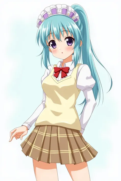 Kurumu Kurono from the anime Rosario Vampire, she has very long light ocean blue hair that is tied in a ponytail with a purple maid headband that has a gold star on the left side, dark purple eyes, long thick black eyelashes, large breasts the size of a G ...