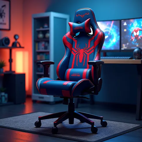 Create a realistic image. A real gaming chair with Spiderman's costume Blue and red color design, in the computer room and with cool background 