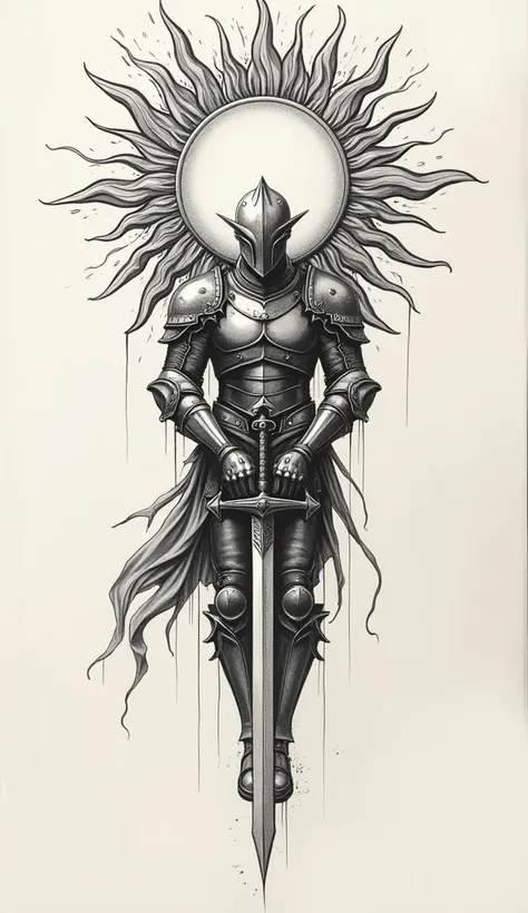 Tattoo sketch: a sun-knight without a helmet (body in armor, head resembling the sun) falling in freefall, holding a sword in his hands. Style like in illustrations or old anime.