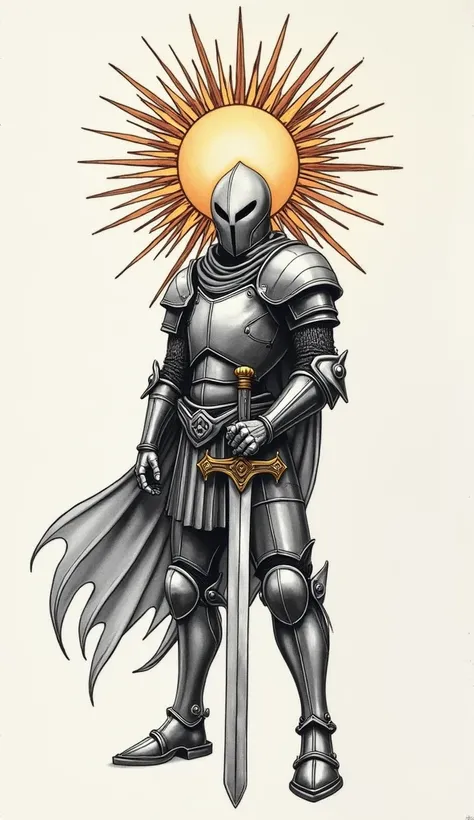 Tattoo sketch: a sun-knight without a helmet (body in armor, head resembling the sun) falling in freefall, holding a sword in his hands. Style like in illustrations or old anime.