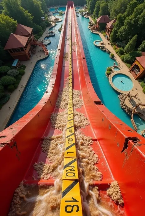 "A high-angle, diagonal view of a massive red water slide, appearing broken and dangerous. The slide has large cracks and pieces falling off mid-air, making it look unstable. Yellow CAUTION maintenance tapes are placed along the descent, warning of danger....