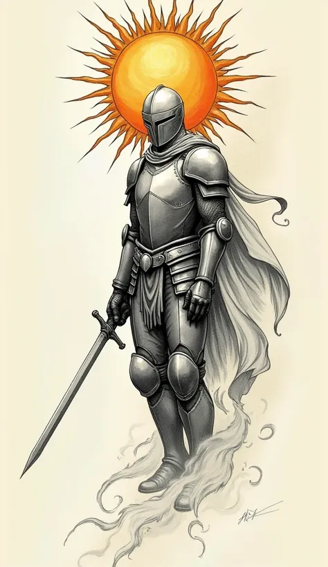 Tattoo sketch: a sun-knight without a helmet (body in armor, head resembling the sun) falling in freefall, holding a sword in his hands. Style like in illustrations or old anime.