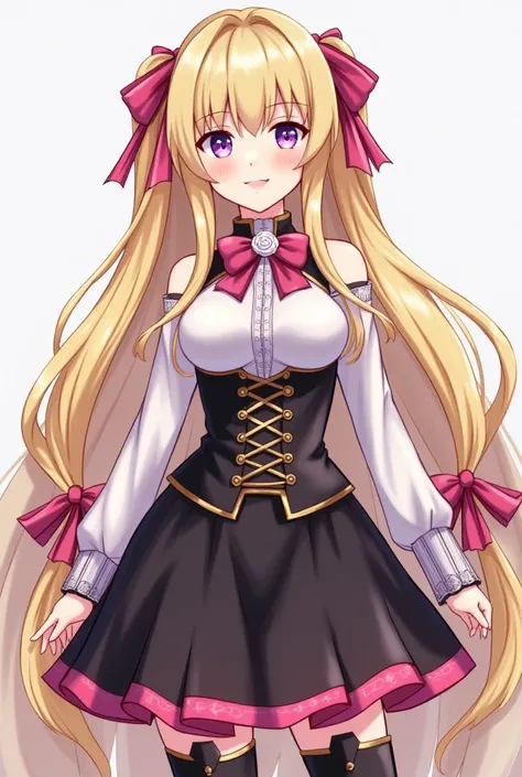 Elise from the video game Fire Emblem Fates in adult version with extremely long light blonde hair that reaches to her feet, styled with two long pigtails that reach to her feet and tied at the ends with a fabric, she has purple eyes, a huge E cup breasts ...