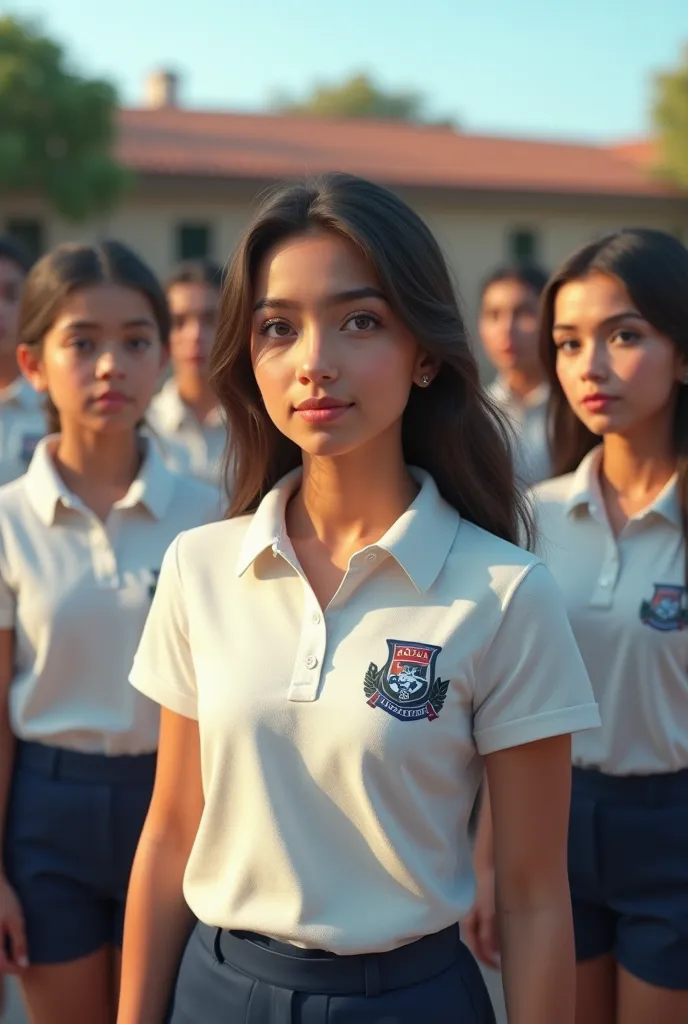 realistic image of Mexican high school students with white polo shirts and navy blue school uniforms with the phrase SABES in Spanish with capital letters