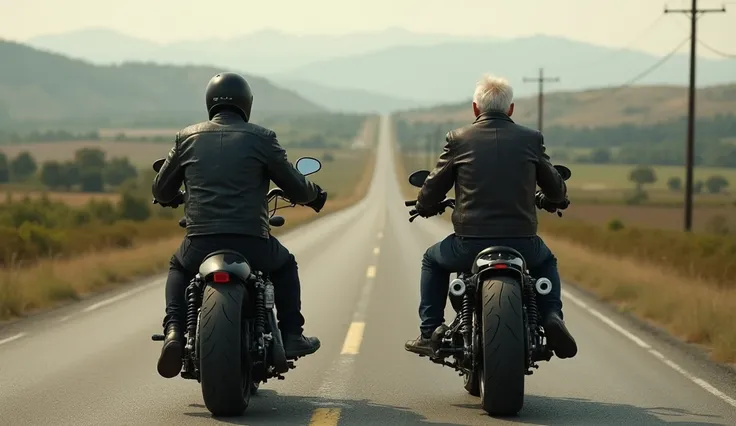 wide-angle short of two heavy bikers one is young and one is old from the back going on an empty highway at the county side, showing the concept of Journey