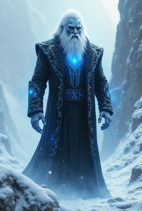 Snow semi-giant in a black suit with blue runes , white hair and black eyes  